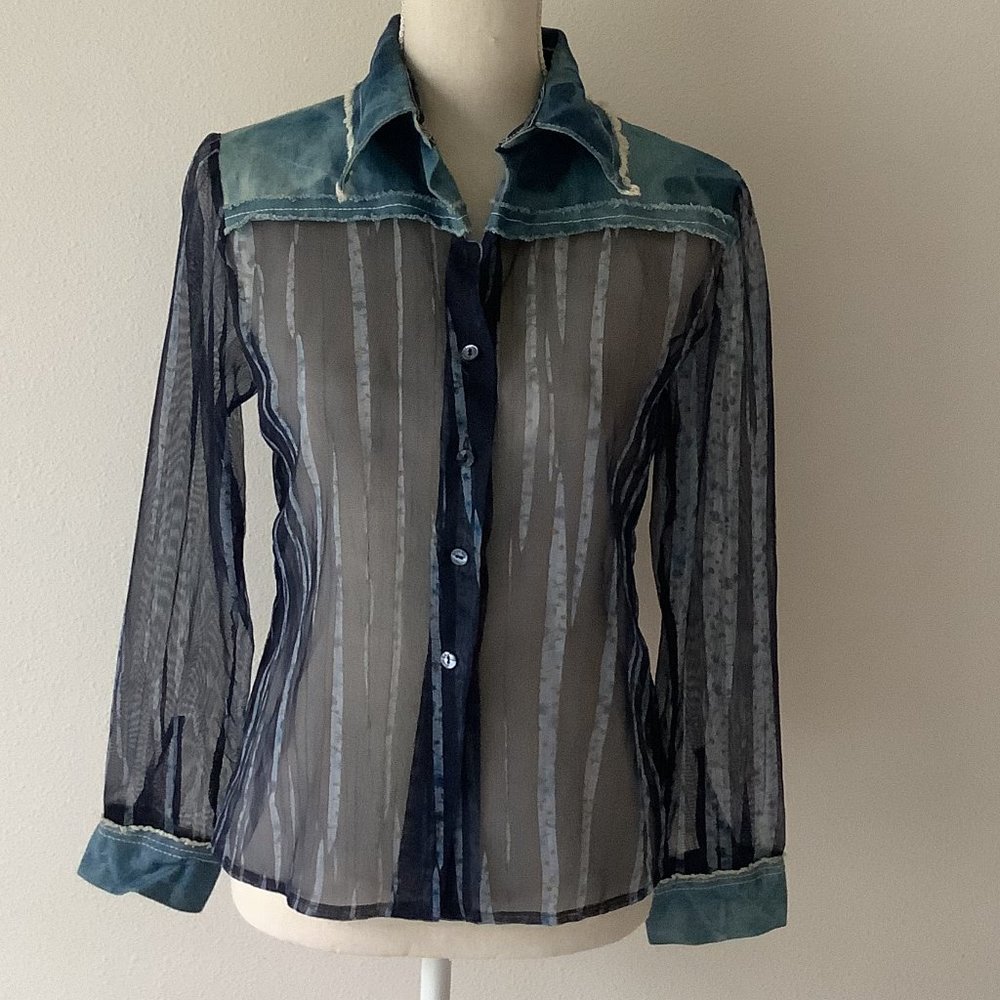Tricot Chic Blue Denim Tie Dye Sheer Top Blouse